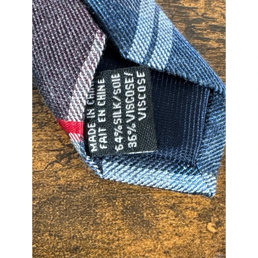 Michael Kors Mens Silk Blend Plaid Necktie Blue Burgundy Red Stripe 3 Inch Width